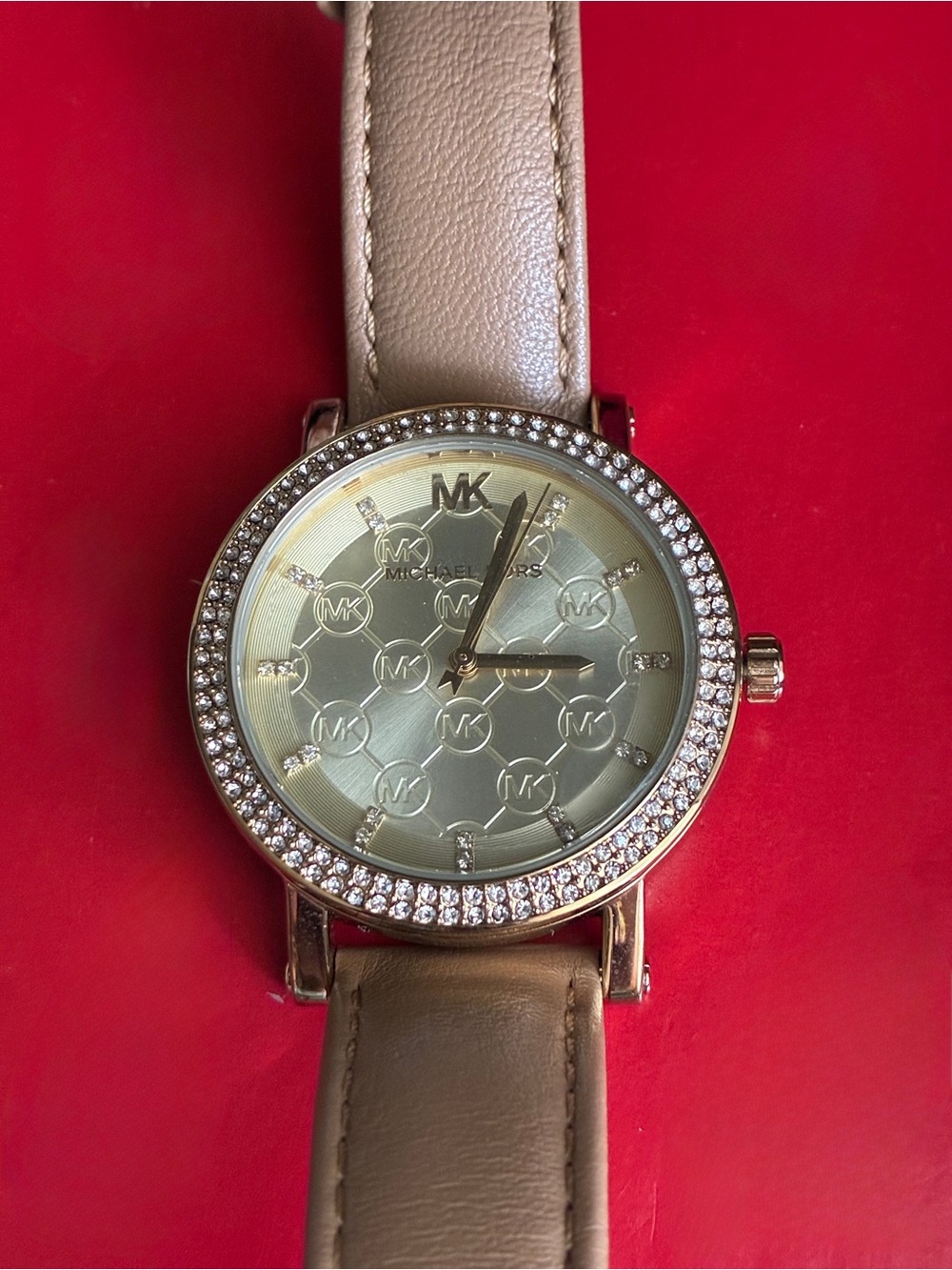 Michael Kors Women's Gold-Tone Crystal Bezel Leather Strap Watch - Taupe